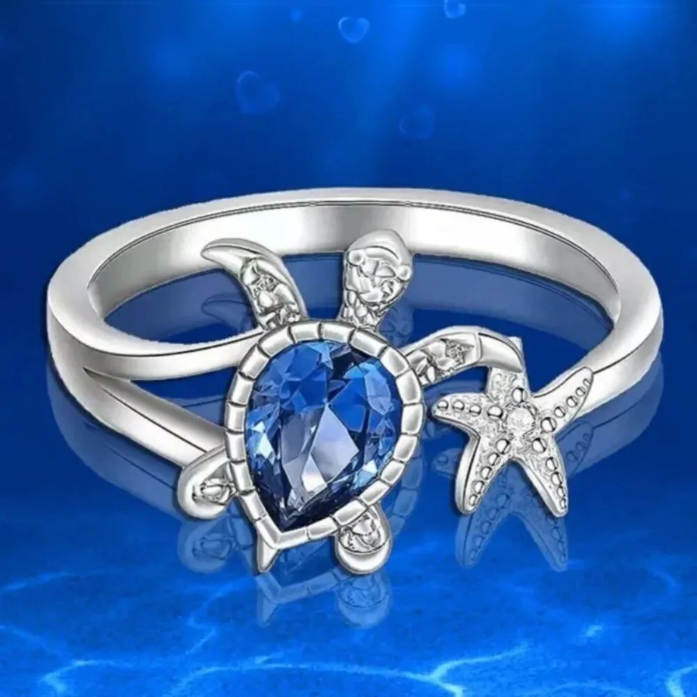 1pc Adjustable Ocean-Inspired Cute Turtle Ring with Blue Gemstone